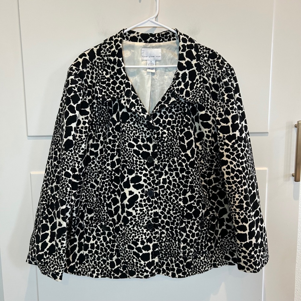 Susan Graver Style Animal Print Corduroy‎ Blazer Jacket Black White Plus 1X
